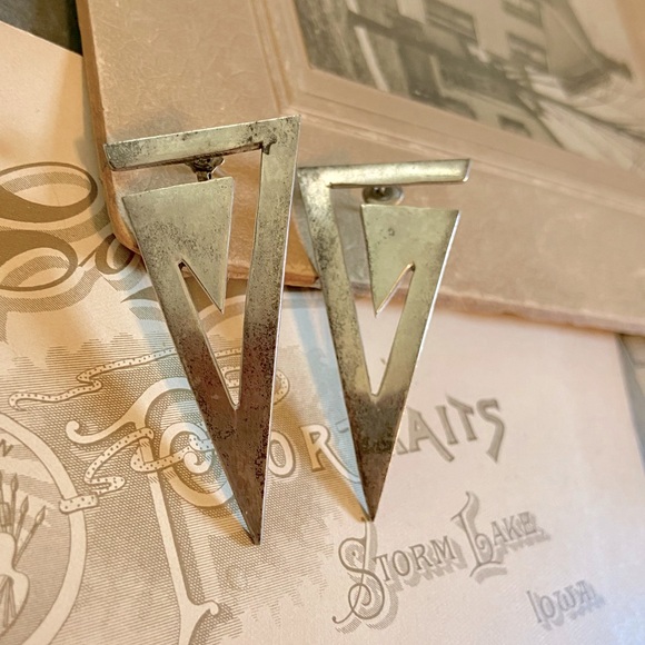 Large Vintage Sterling Silver Taxco Geometric Triangle Pierced Earrings TS-45 - Picture 10 of 11